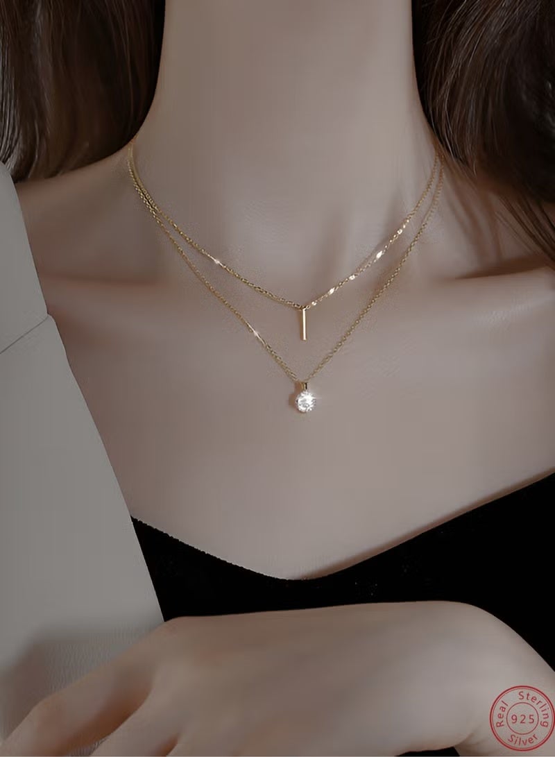 A full-body 925 silver double-layer two-layer chain with a word and round zircon pendant necklace gift box, fashionable and exquisite Valentine's Day Gift, temperament, versatile girl - Image 1